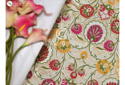 Beige Brocade Fabric by the Yard Banarasi Dress Material Costumes Banaras Indian Wedding Dresses Crafting Sewing Cushions Upholstery Drapery Home Decor