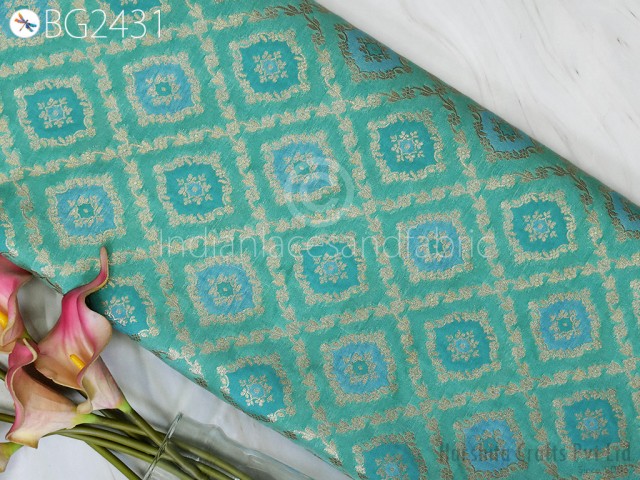 Sea Green Brocade Fabric by the Yard Wedding Dress Jackets Indian Blended Banarasi Dress Material Sewing Cushion Cover Home Décor Crafting