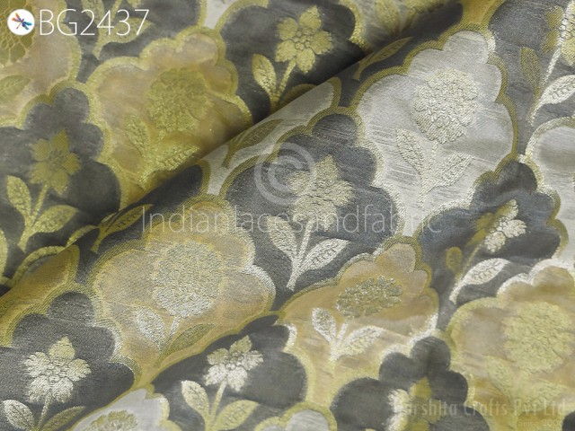 Indian Grey Brocade Fabric by the Yard Wedding Dress Jackets Blended Banarasi Costumes Material Sewing Cushion Cover Home Décor Crafting