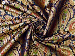 Indian Banarasi Blue Brocade Fabric by the Yard Historic Costume Wedding Dress Material Banaras Knee Length Coat Sewing Upholstery Drapery