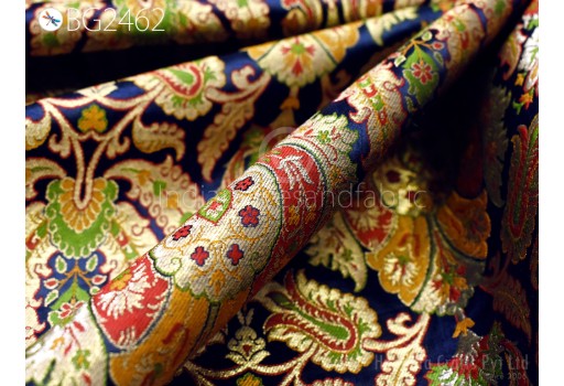 Indian Banarasi Blue Brocade Fabric by the Yard Historic Costume Wedding Dress Material Banaras Knee Length Coat Sewing Upholstery Drapery