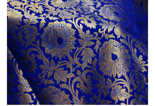 Banarasi Royal Blue Gold Brocade Wedding Dress Blended Silk Wedding Dress Fabric by the Yard Home decor Bridesmaid Lehenga Making cushion covers