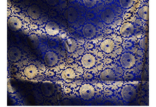 Banarasi Royal Blue Gold Brocade Wedding Dress Blended Silk Wedding Dress Fabric by the Yard Home decor Bridesmaid Lehenga Making cushion covers