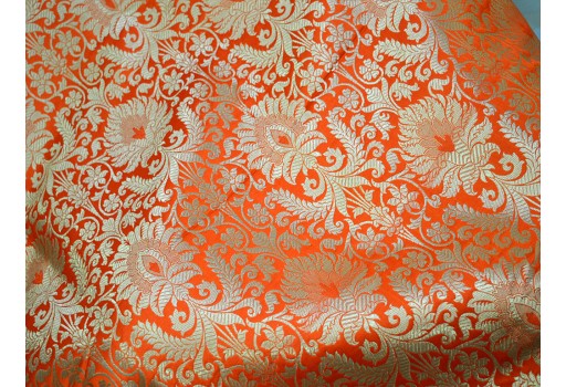 Indian Banaras Orange Gold Weaving Brocade sherwani Wedding Dresses blouses sewing crafting Home Decor Furnishing Blended Silk by the Yard clothing accessories fabric