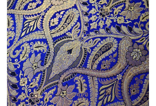Indian Royal Blue Gold Heaving Fabric Wedding Blouses Cushion Covers Curtains Banarasi Wedding Dress Banarasi by the Yard Brocade Sewing Material Bridal Clutches