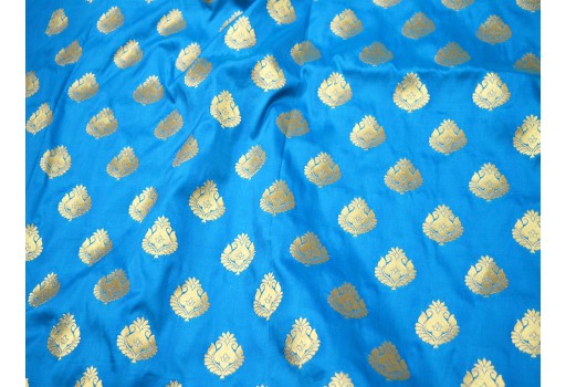 Bridal Wedding Dress Brocade sold by the yard Turquoise Blue Gold Banarasi Fabric Blended Silk boutique material Cushion Cover clothing accessories