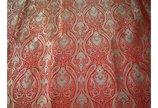 Red Brocade by the Yard Wedding Dress Fabric Banarasi Blended Silk Home Decor Table Runner Jacket Sofa Cover boutique Material Home Decoration Bed Sheets sewing accessories