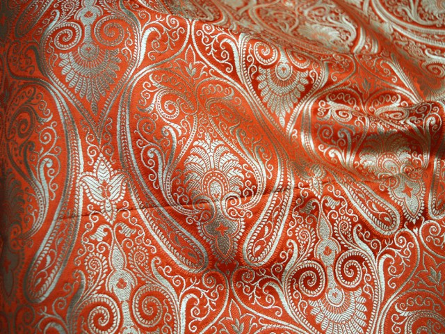 Orange Banarasi Brocade Fabric by the Yard Wedding Dress Blended Silk Dress Material Home Decor table Runner Curtains clothing accessories