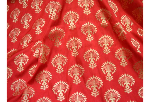 Silk Brocade Illustrate Golden Woven Motifs Floral traditional Design Fabric Red Brocade By The Yard Evening Dress Material Mat Making Furniture Cover