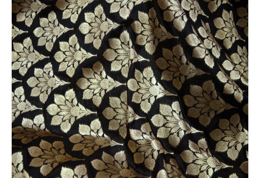 Golden Woven Floral Design Silk Black Banarasi Blanded Silk By The Yard Jacket Sewing Material Bridal Clutches Wedding Dress Lehenga Making Skirt Traditional Brocade