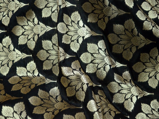 Golden Woven Floral Design Silk Black Banarasi Blanded Silk By The Yard Jacket Sewing Material Bridal Clutches Wedding Dress Lehenga Making Skirt Traditional Brocade