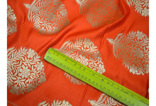 Indian Orange Banarasi Blended Silk Brocade Fabric by the Yard Wedding Lehenga Dress Home Decor Furnishing Runner Cushion Covers Clothing Accessories Fabric