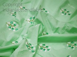 Indian Green Embroidered Cotton Fabric by the Yard Embroidery Sew Nursery Curtain Crafting Summer Women Dress Material Kid Nightie Quilting Home Decor Cushion Cover