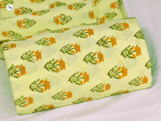 Indian yellow hand stamp block print soft cotton fabric yardage summer dress shorts kids sleepwear pajamas sewing crafting quilting curtain home décor cushion cover fabric