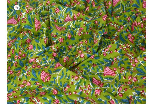 Indian green floral hand block printed cotton fabric by the yard women dress material quilting sewing crafting drapery apparel baby nursery home décor cushion cover fabric