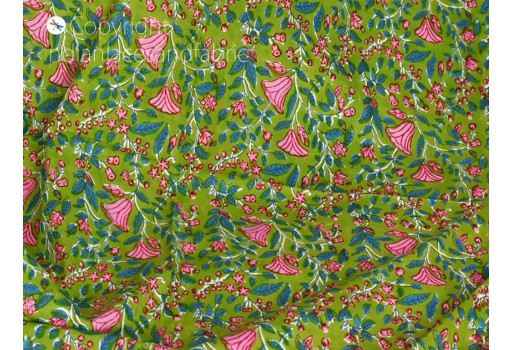 Indian green floral hand block printed cotton fabric by the yard women dress material quilting sewing crafting drapery apparel baby nursery home décor cushion cover fabric