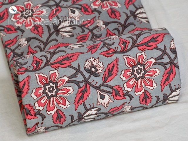 Grey Indian floral block print soft cotton fabric hand stamp yardage summer dresses kids sleepwear pajamas sewing crafting quilting curtain cushion cover clutches making fabric