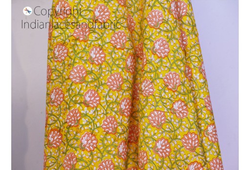 Indian yellow block printed soft fabric by yard home decor drapery curtain quilting hand stamped sewing crafting women kids summer dresses clutches cushion covers baby cloths fabric