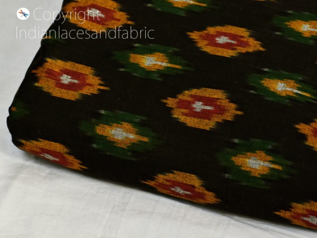 Indian Black Ikat Upholstery Hand loom Cotton Fabric by the yard Dresses Home Decor Furnishing Handwoven Quilting Crafting Sewing Cushion Covers Clutches Making Fabric