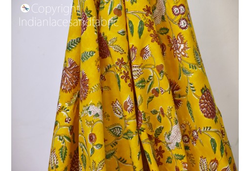 Indian yellow hand block print soft cotton fabric by the yard quilting hair crafting curtains summer dresses women kids nighties bohemian sewing accessories curtains fabric