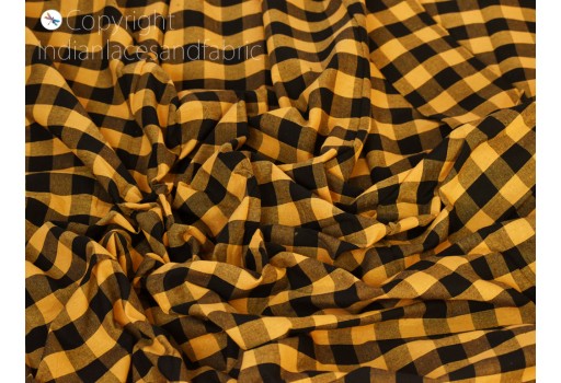 Indian yellow check ikat cotton fabric by the yard hand woven cushions crafting summer women pajamas kids shorts sewing kitchen curtains home furnishing clutches fabric