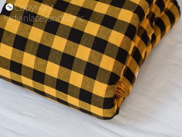 Indian yellow check ikat cotton fabric by the yard hand woven cushions crafting summer women pajamas kids shorts sewing kitchen curtains home furnishing clutches fabric