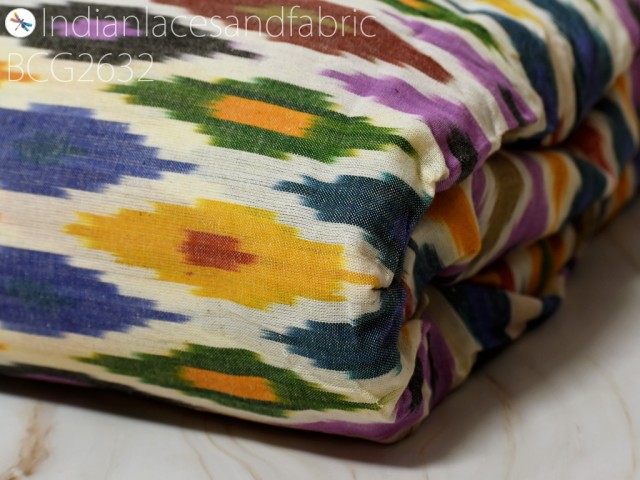 Indian Multi color Ikat Fabric Yardage By The Yard Handloom Cotton Summer Dresses Double Ikat Home Decor Furnishing Bedcovers Draperies Pillowcases Curtains Fabric
