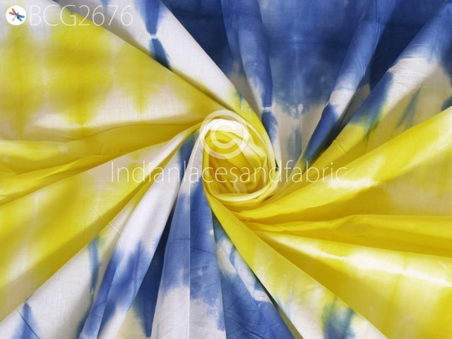 Indian Handmade Cotton Fabric By The Yard Tie Dye Indigo Shibori Yellow Blue Color Dyed By Hand Summer Dresses Quilting Sewing Craft Cloth
