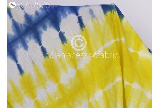 Indian Handmade Cotton Fabric By The Yard Tie Dye Indigo Shibori Yellow Blue Color Dyed By Hand Summer Dresses Quilting Sewing Craft Cloth