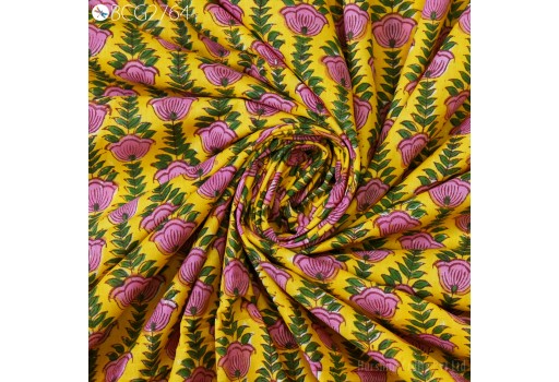 Yellow Block Print Indian Floral Cotton Fabric By The Yard Summer Dress Soft Printed Fabric Nursery Cribs Quilting Sewing Crafting Clothing Dresses