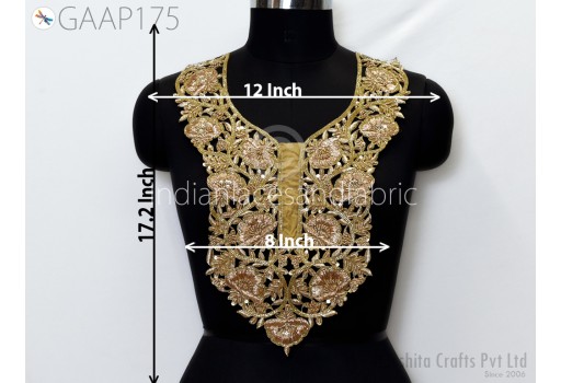 Handmade Zardozi Gold Neck Patch Handcrafted Indian Clothing Crafting Accessories Decorated latest Designer Gown Sequins for Neckline Patches