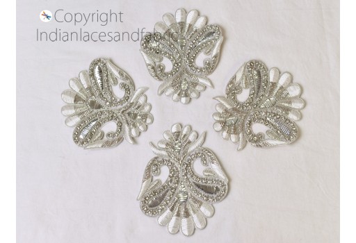 4 Pieces Indian Beaded Rhinestone Embroidery Dresses Sew on Patch Decorative Floral Denim Handcrafted Zardozi Work Decorative saree Appliques Crafting Sewing Supplies Accessories