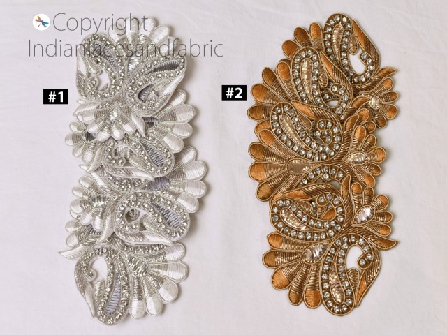 4 Pieces Indian Beaded Rhinestone Embroidery Dresses Sew on Patch Decorative Floral Denim Handcrafted Zardozi Work Decorative saree Appliques Crafting Sewing Supplies Accessories