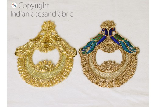 2 Pair Peacock Gold Zardozi Patches Handcrafting Beaded Work Appliques Garment Dresses Embroidered Indian Decorative table runner Handmade Sewing DIY Sewing Clothing Accessory