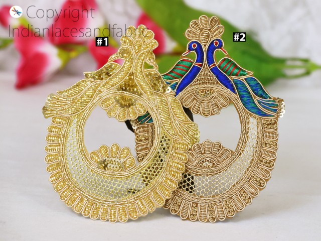 2 Pair Peacock Gold Zardozi Patches Handcrafting Beaded Work Appliques Garment Dresses Embroidered Indian Decorative table runner Handmade Sewing DIY Sewing Clothing Accessory