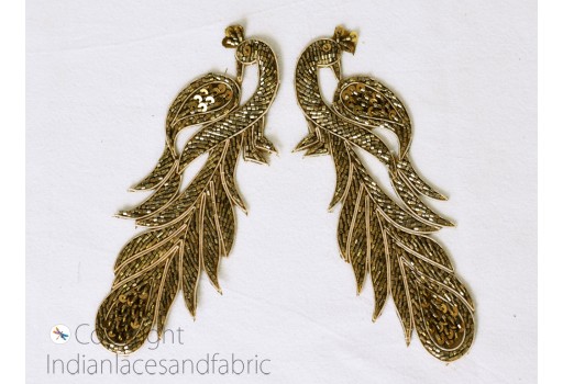 2 Pair Peacock Beaded Patches Appliques Dresses Making Zardosi Embroidered Indian Decorative Handmade Sewing DIY Crafting Sewing Accessories Home Décor Beads wedding wear gown zari Patch