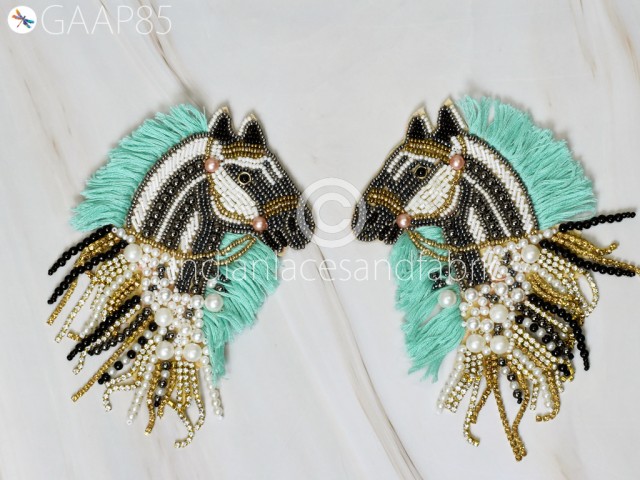 2 Pair Indian Handcrafted Patches Appliques Decorative Horse Sewing Dress Beaded Applique Boho Patch Animal Sew on applique DIY Craft Patch
