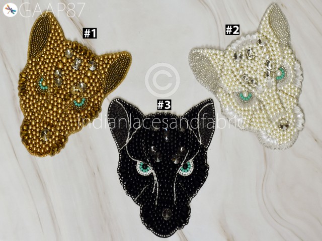 4 Piece Panther Beaded Patches Appliques Dresses Embroidered Indian Decorative Handmade Sewing DIY Crafting Sewing Accessories Home Décor