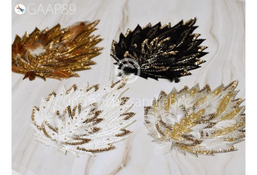 4 piece Beaded Patches Leaf Appliques Embroidered Indian Decorative Handmade Sewing Thread Dresses Handcrafted Patches Crafting Supply Bags. 