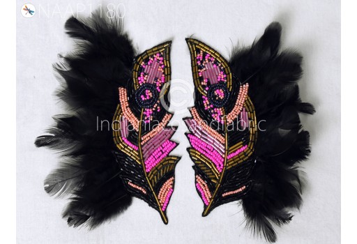 Beaded Handmade Embroidery Patch 2 Pc Real Feather Patches Appliques Indian Handcrafted DIY Crafting Sewing Dresses Home Decor Costumes