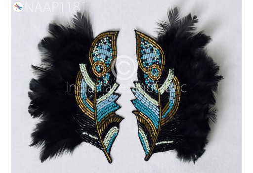 4 Pieces  Real Feather Patches Appliques Beaded Handmade Embroidery Indian Handcrafted Patch Crafting Sewing Dress Home Decor Costumes Supply