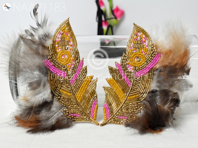 4 Pc Real Feather Patches Appliques Beaded Handmade Embroidery Indian Handcrafted Patch DIY Crafting Sewing Dresses Home Decor Costumes