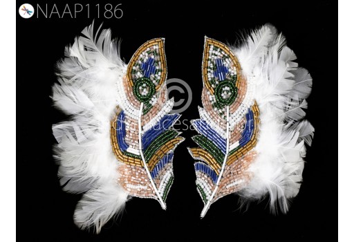 2 Pc Real Feather Patches Appliques Beaded Handmade Embroidery Indian Handcrafted Patch DIY Crafting Sewing Dresses Home Decor Costumes