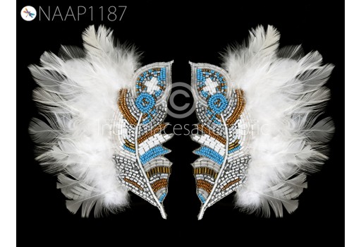 2 Pc Real Feather Patches Indian Handcrafted Patch 2 Pc Real Feather Patches Appliques Beaded Handmade Embroidery DIY Crafting Sewing Dresses Home Decor Costumes