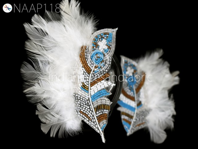 2 Pc Real Feather Patches Indian Handcrafted Patch 2 Pc Real Feather Patches Appliques Beaded Handmade Embroidery DIY Crafting Sewing Dresses Home Decor Costumes