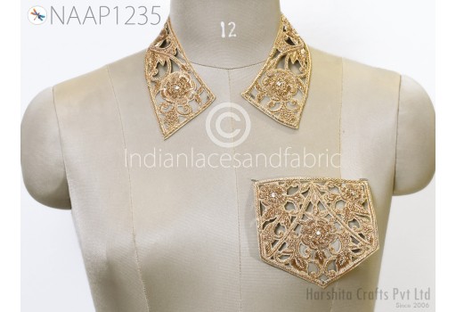 Decorative Zardosi Gold Collar Handcrafted Indian Floral Design Scrapbooking Embroidered Applique Crafting Decorated Neckline Collar Patches