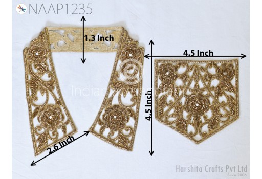 Decorative Zardosi Gold Collar Handcrafted Indian Floral Design Scrapbooking Embroidered Applique Crafting Decorated Neckline Collar Patches
