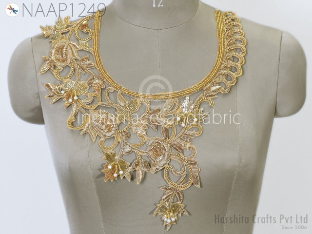 1 Pc Decorative Patches Crafting Handcrafted Zardosi Gold Neck Patches with Sleeves Neckline Patches Indian Decorated Embroidery Zardosi Applique