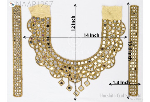 Antique Gold Sequins Neckline with Sleeves Decorative Patch Crafting Zardosi Neck Patches Decorated Handcrafted Beads Embroidery Applique for Kurtis