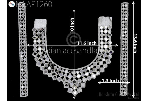 Silver Mirror Neckline with Sleeves Decorative Patch Crafting Zardosi Neck Patches Decorated Handcrafted Beads Embroidery Applique for Kurtis